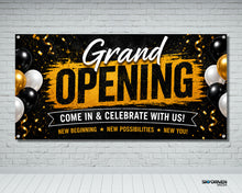 Load image into Gallery viewer, Grand Opening Ceremony Vinyl Banner | Brush Black Gold White