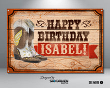Load image into Gallery viewer, Country Western Birthday Banner | Country Music | Cowboy Boots | Cowgirl | Whiskey | Tennessee | Coachella | Stagecoach | Nashville | Rodeo
