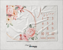 Load image into Gallery viewer, Milestone Baby Blanket | Personalized Baby Blanket | Baby Age Blanket | Pink Flowers | Roses | Soft Silk Touch Fabric | Throw Blanket