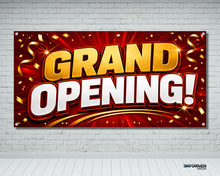 Load image into Gallery viewer, Grand Opening Ceremony Vinyl Banner | Red Gold White Burst

