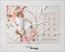 Load image into Gallery viewer, Milestone Baby Blanket | Personalized Baby Blanket | Baby Age Blanket | Pink Flowers | Roses | Soft Silk Touch Fabric | Throw Blanket
